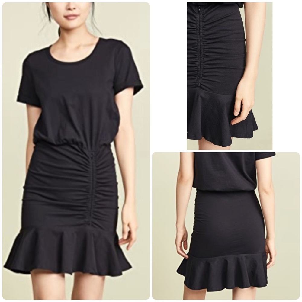 Veronica Beard Jeans Cotton Ruched Ruffle Hem Short Sleeves Black Dress Size M